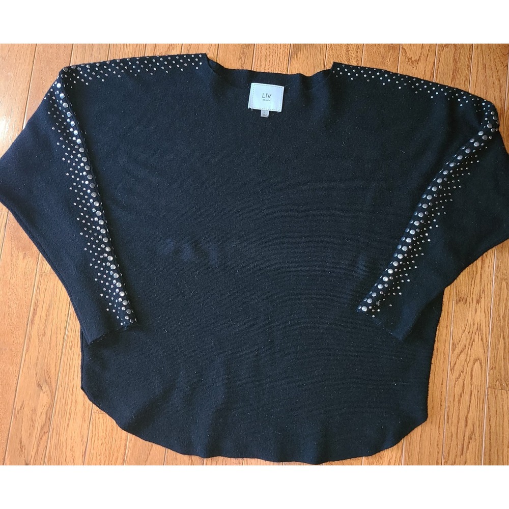 LIV Milano Sweater L Black Metal Grommets Shoulder VNeck Office Siren Chic